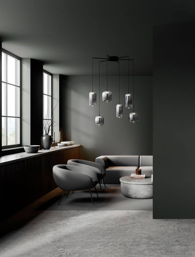 Aelia LED Pendelleuchte 6-flammig Ø 72cm Schwarz, Rauch im modernen Wohnraum mit eleganter Einrichtung.