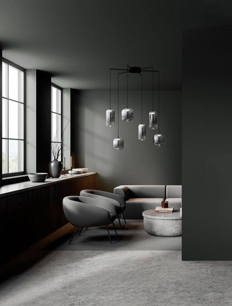 Lustre suspendu Aelia LED à 6 flammes Ø 72 cm noir, fumé dans un espace de vie moderne avec un aménagement élégant.