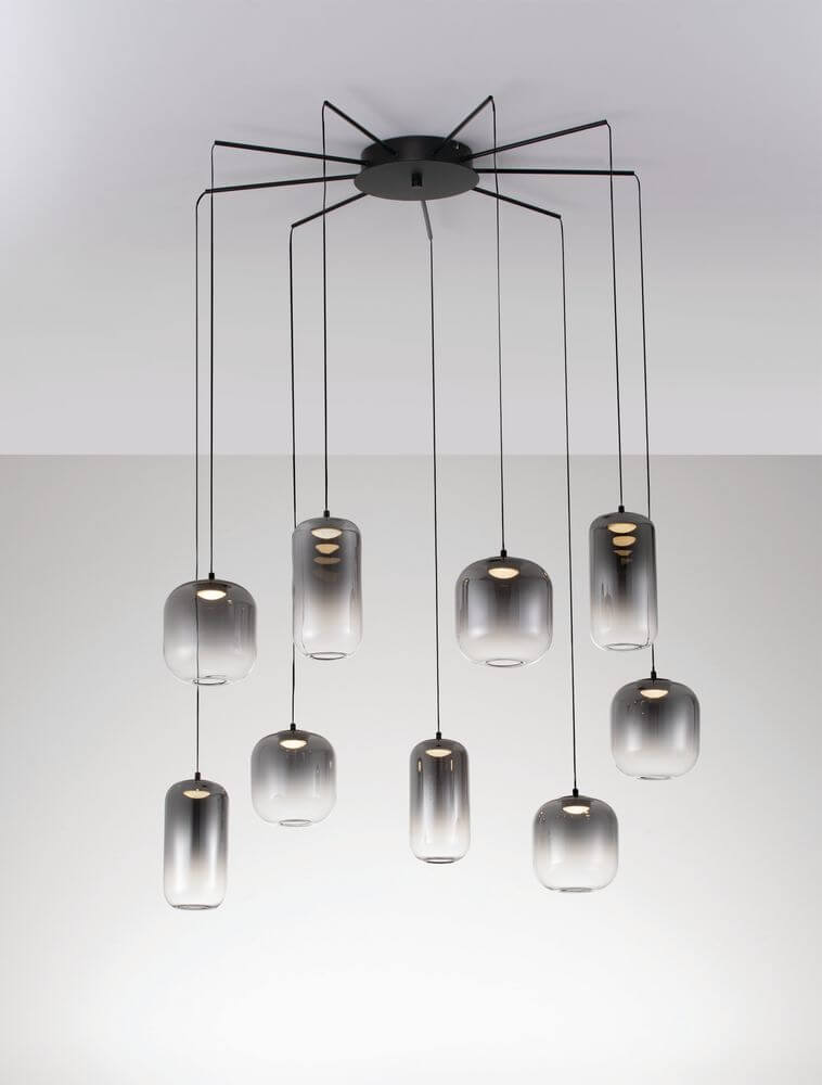 Aelia LED Pendelleuchte 9-flammig  Ø 82cm Schwarz, Rauch mit eleganten Glaslampenschirmen.
