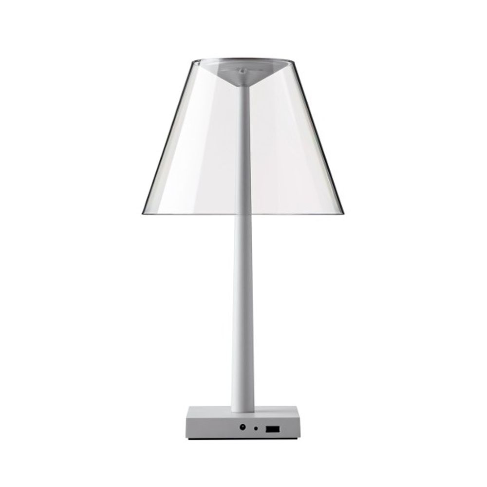 Rotaliana Akku LED-Tischlampe Dina+ in Silberfarben mit Ladestation, modernes Design für jeden Raum.