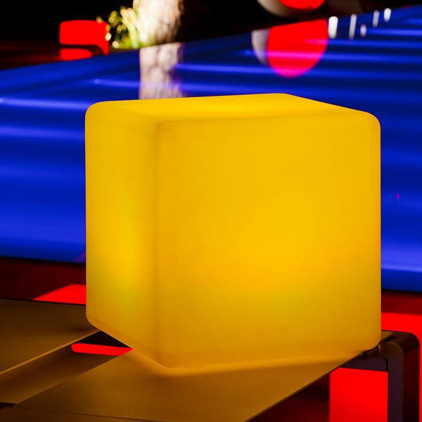 Battery-operated LED cube Big-Cube 43cm with app control in bright yellow as a stylish design object.