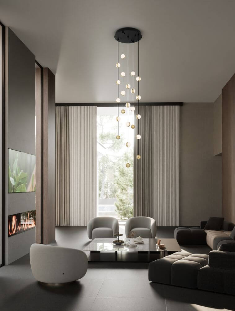 Alcinoe LED Pendelleuchte Ø 38cm in modernem Wohnzimmer mit elegantem Design und dimmbarem Licht.