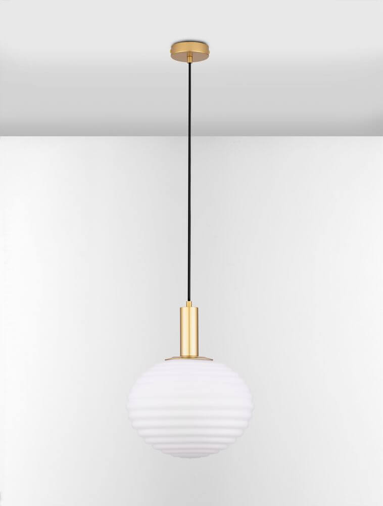 Allen Pendelleuchte E27 Gold, Weiß mit mattem Opalglas und elegantem Design für stimmungsvolle Beleuchtung.