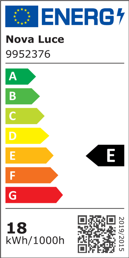 Energiemarken-Etiquette für Nova Luce, Energieeffizienzklasse E, 18 kWh/1000h, zeigt Verbrauchsdaten.
