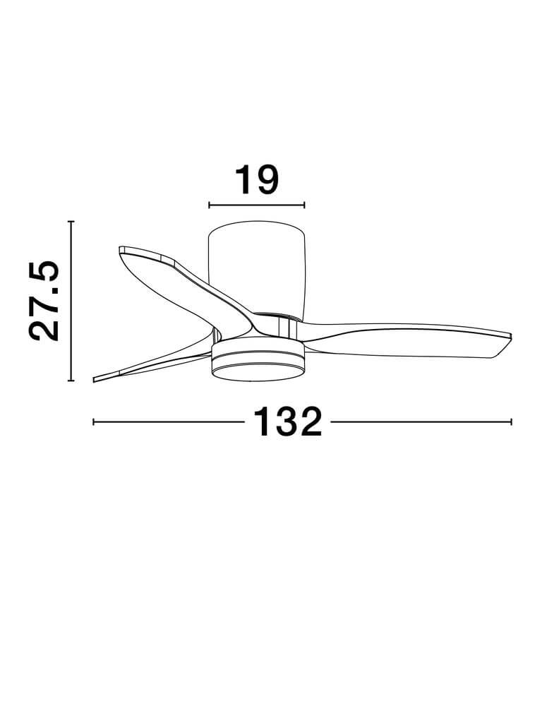 Aloa LED Ventilator mit einem Durchmesser von 132 cm, technische Zeichnung mit Maßen.