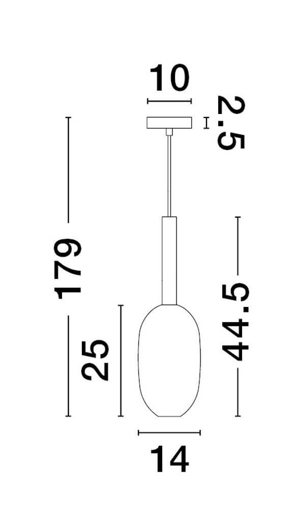 Maßzeichnung der Amelia Pendelleuchte Ø 14cm mit den Dimensionen 179cm, 44.5cm, 25cm und 14cm.