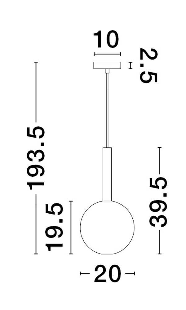 Maßzeichnung der Amelia Pendelleuchte Ø 20cm mit detaillierten Abmessungen für die Installation.