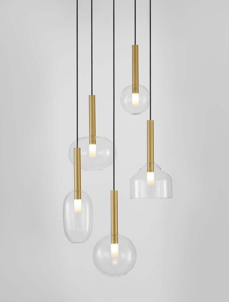 Amelia Pendelleuchte 5-flammig Ø 60cm, moderne und stilvolle Pendellampe mit unterschiedlichen Schirmformen.