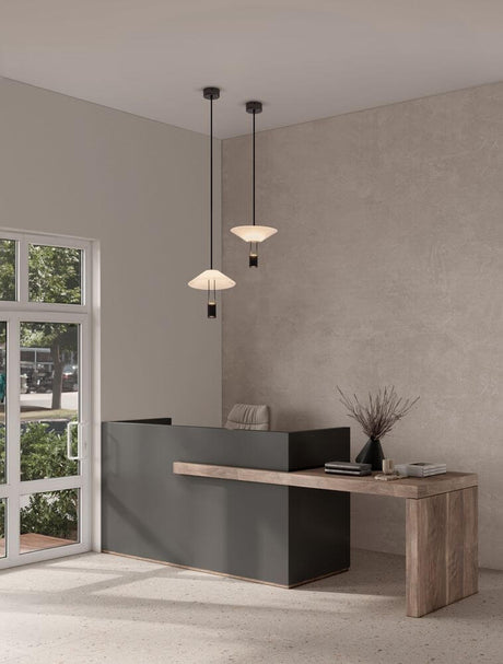 Modern reception area with Anafi LED pendant light Ø 22cm indirect and elegant wooden counter.