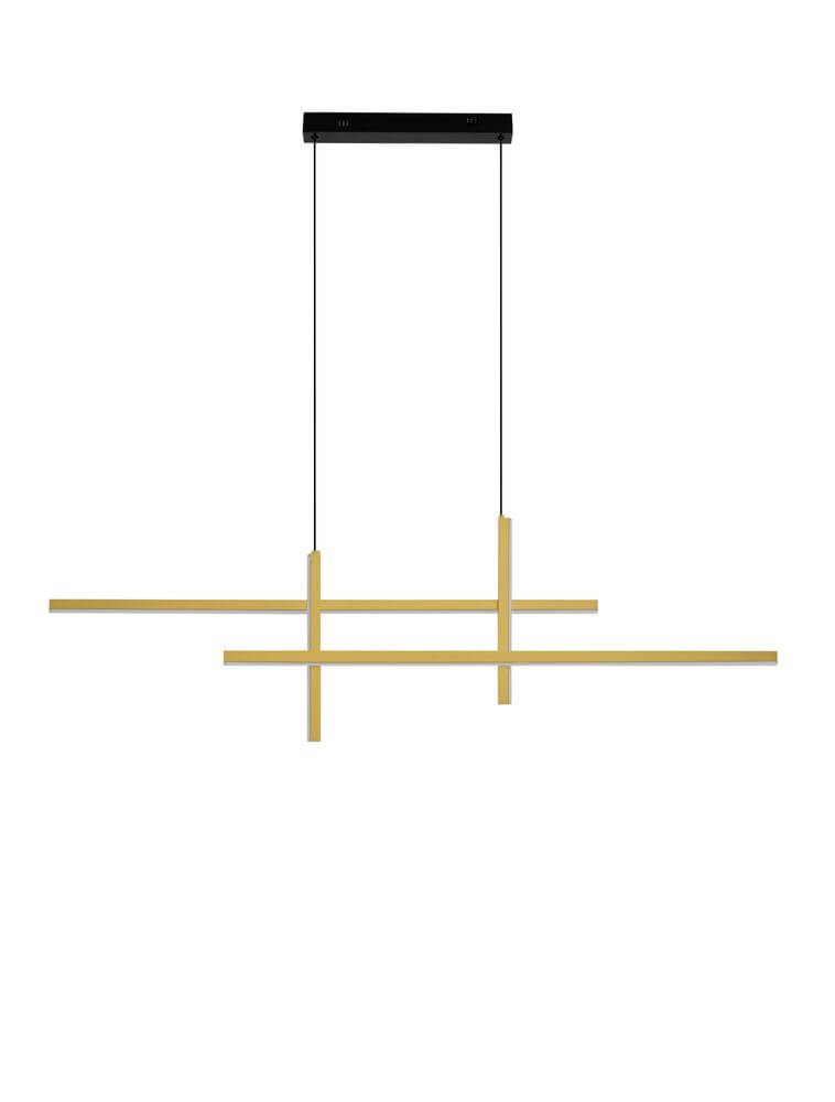 Antama LED Pendelleuchte 4-flammig in modernem Design mit schwarzem Baldachin und goldenen Leuchtstäben.