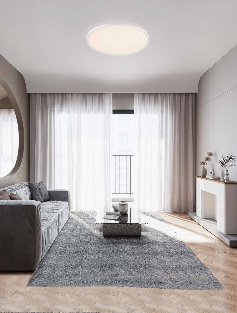 Aoton Deckenleuchte Ø 60cm in modernem Wohnzimmer mit dimmbarem Licht und DIP-Switch-Funktion.