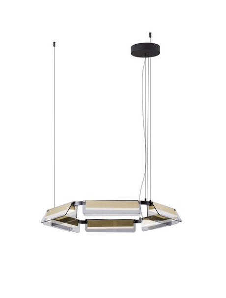 Apnea LED suspension hexagonale noire et dorée avec métal sablé et éléments en verre couleur or