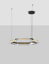 Moderne Apnea LED Pendelleuchte in schwarz, gold und transparentem Glas, ideal für Wohnzimmer und Büro.
