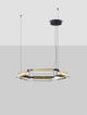 Apnea LED Pendelleuchte Hexagon Schwarz, Gold mit eleganten goldfarbenen Glaselementen und schwarzen Metalloberflächen.