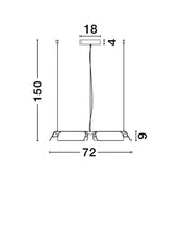 Technische Zeichnung der Apnea LED Pendelleuchte in Schwarz und Gold, Maße: 150 cm hoch und 72 cm breit.