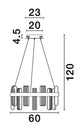 Maßzeichnung der Argo LED Pendelleuchte Ø 60cm mit Abmessungen 120cm, 60cm, 23cm und 20cm.