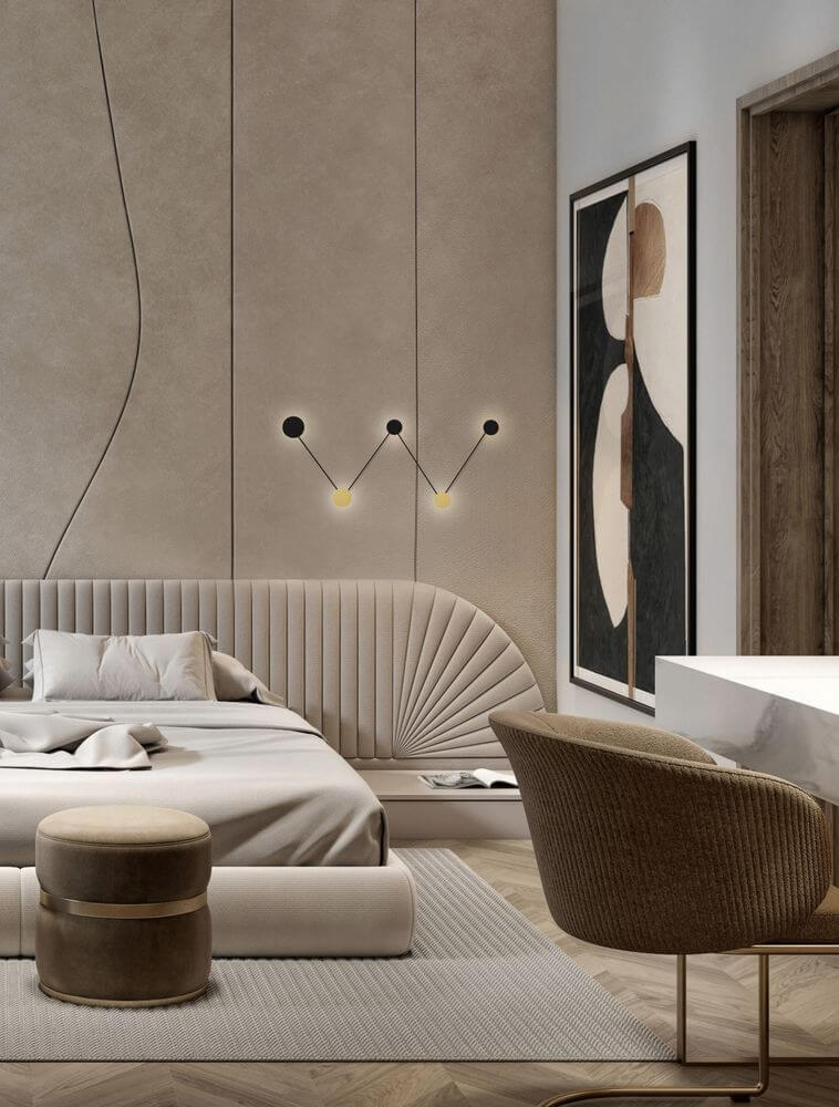 Stylisches Schlafzimmer mit Ark Wandleuchte 3000K für modernes Lichtdesign und stilvolle Akzente.