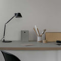 Schreibtisch mit Artemide Tolomeo Micro Tischlampe, Notizbuch, Stiften und minimalistischem Büro-Setup.