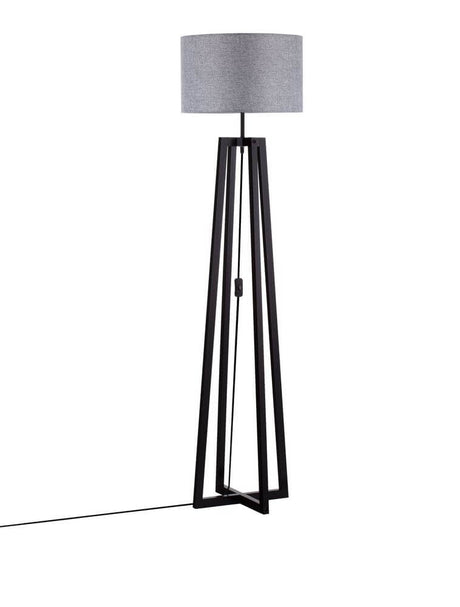 Artis Stehlampe H 153cm von Nova Luce, schwarze Holz-Stehleuchte mit grauem Stoffschirm im skandinavischen Shabby-Chic