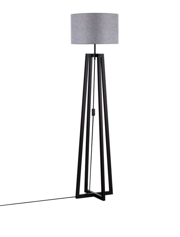 Artis Stehlampe H 153cm von Nova Luce, schwarze Holz-Stehleuchte mit grauem Stoffschirm im skandinavischen Shabby-Chic