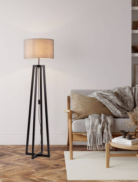 Artis Stehlampe H 153cm, schwarze Holz-Stehleuchte im Shabby-Chic mit grauem Stoffschirm für modernes Wohnambiente