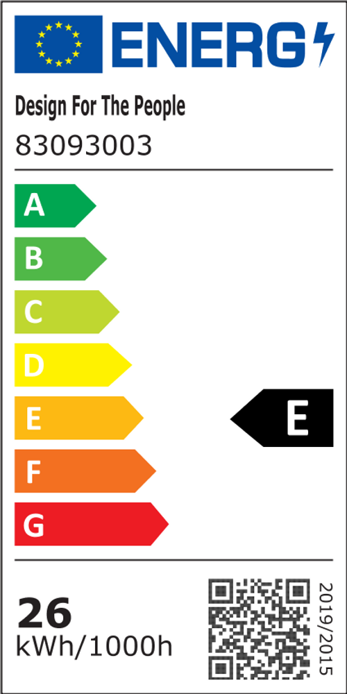 Energieeffizienzlabel von Design For The People, zeigt Kategorie E, 26 kWh/1000h Verbrauch.