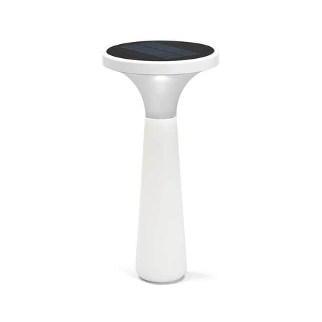 Luz decorativa LED solar Assisi Aton 45cm blanca sobre un fondo blanco, moderna lámpara solar para jardín y balcón.