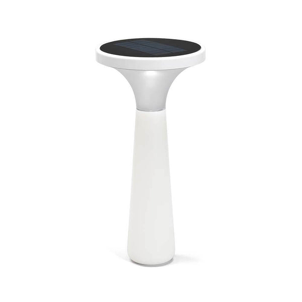 Lâmpada decorativa LED solar Assisi Aton 45cm branca sobre um fundo branco, lâmpada solar moderna para jardim e varanda.