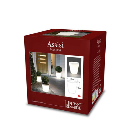 Assisi LED planter packaging with plant light, ideal for indoor and outdoor areas.