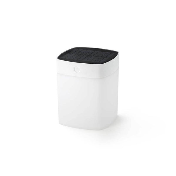 Assisi Solar LED Leuchte Weiß, opales Acrylglas in modernem Design mit Solarpanel und dimmbarem Licht.