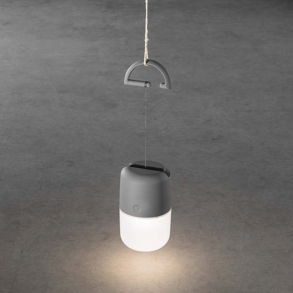 LED solar light Assisi for hanging or standing gray in gray design, illuminated inside and hanging.