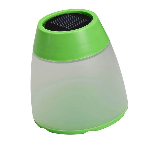 Lámpara LED solar Assisi Turner Verde con diseño moderno, tapa verde y panel solar para el exterior.