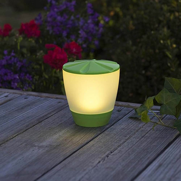 Lámpara LED solar Assisi Turner Verde sobre superficie de madera, brilla suavemente en el jardín.