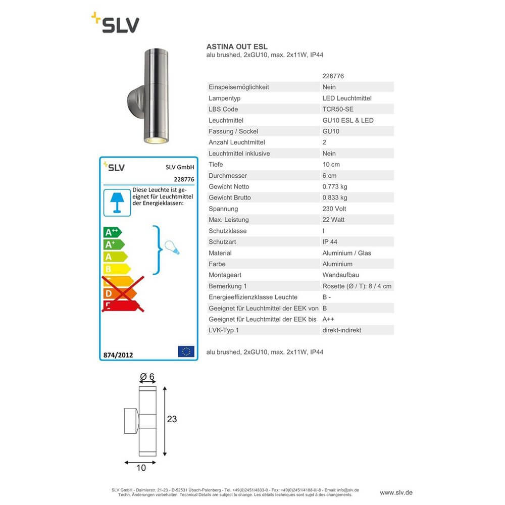 Astina Out ESL alu brushed 2xGU10 max. 2x11W IP44 technische Spezifikationen und Produktinformationen.