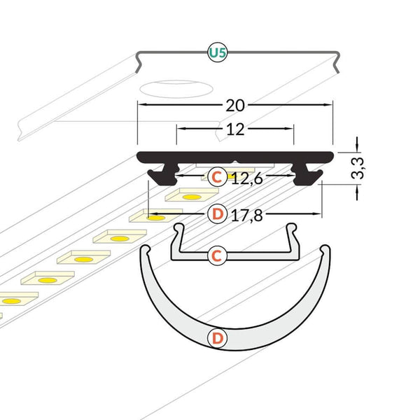 Profil de pose cintrable 200 cm blanc sans cache pour bandes LED dessin détaillé avec dimensions et structure