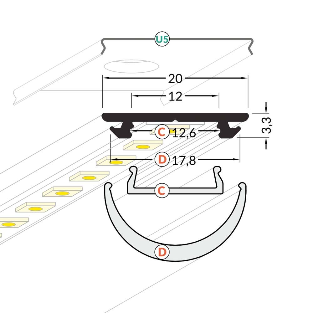BUILIZIONE PROFILO DI PILEDING ANODIZZO ANODIZZATO SENZA PER CASSE PER STRIPS LED