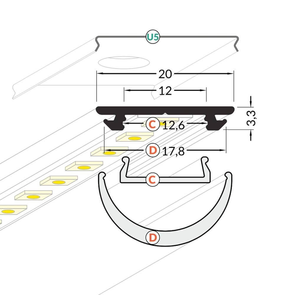 Aufbau-Biegeprofil 200cm Alu-eloxiert ohne Abdeckung für LED-Strips