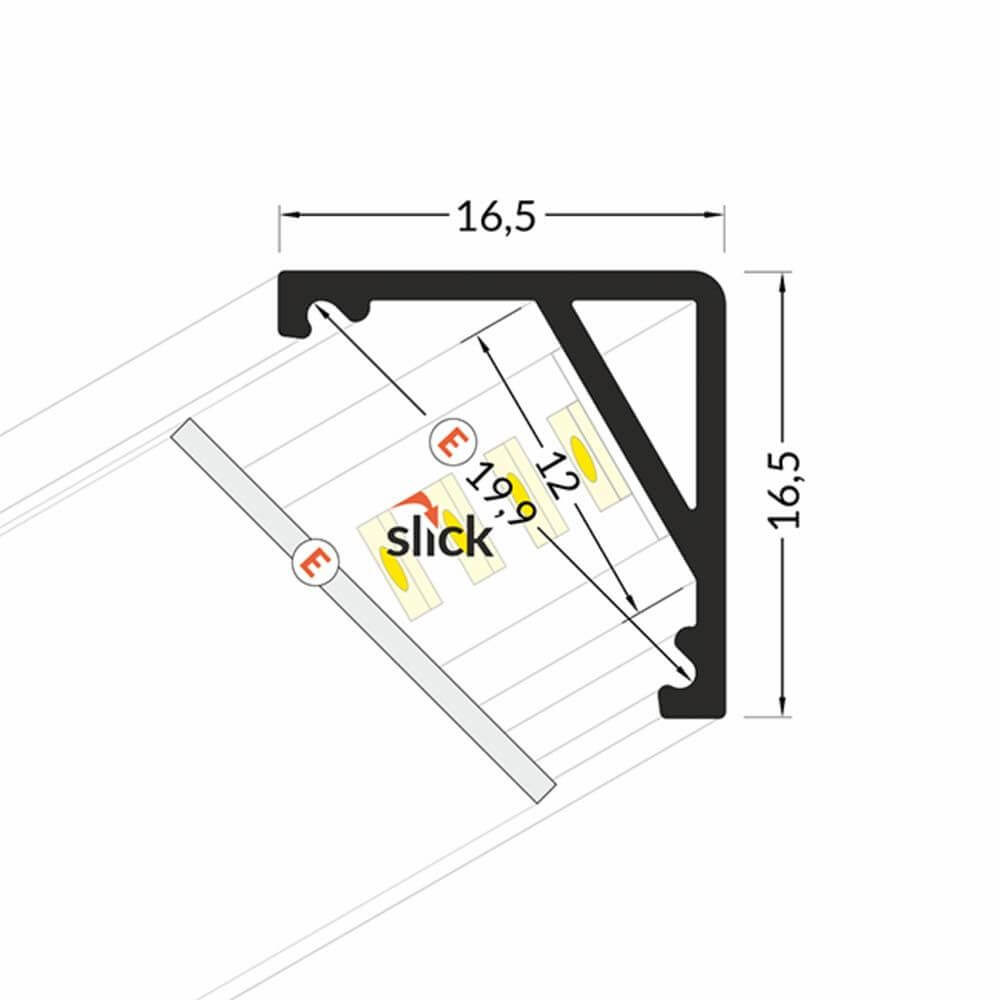 Maßzeichnung des Aufbau-Eckprofils 30° & 60° 200cm Alu-eloxiert ohne Abdeckung mit Abmessungen.