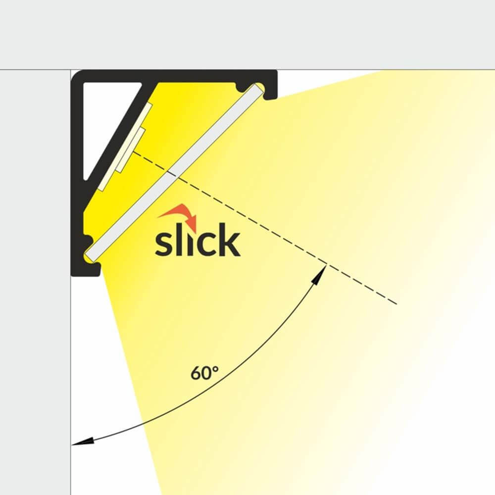 Aufbau-Eckprofil 30° & 60° 200cm Schwarz ohne Abdeckung mit 60° Winkel.