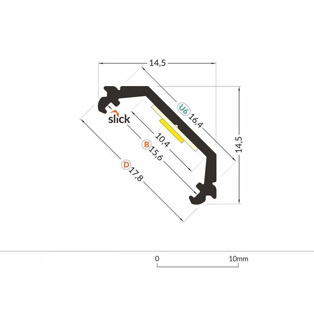 Technische Zeichnung des Aufbau-Eckprofils 45° mit Abmessungen für LED-Strips, Alu-eloxiert und ohne Abdeckung.