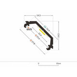 Technische Zeichnung des Aufbau-Eckprofils 45° mit Abmessungen für LED-Strips, Alu-eloxiert und ohne Abdeckung.