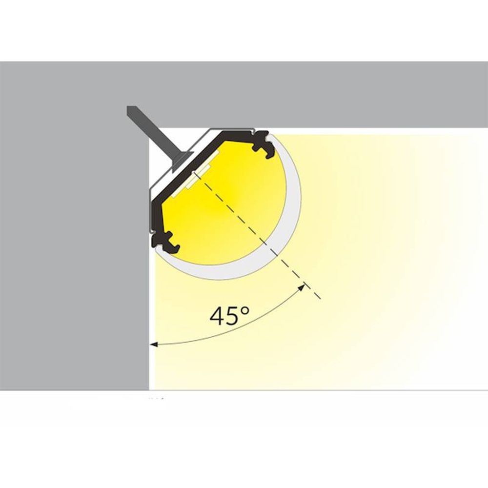 Diagramm des 45° Aufbau-Eckprofils für LED-Strips zur optimalen Wärmeableitung und Installation.
