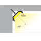 Diagramm eines Aufbau-Eckprofils 45° zur Montage von LED-Strips, zeigt Montageposition und Lichtverteilung.