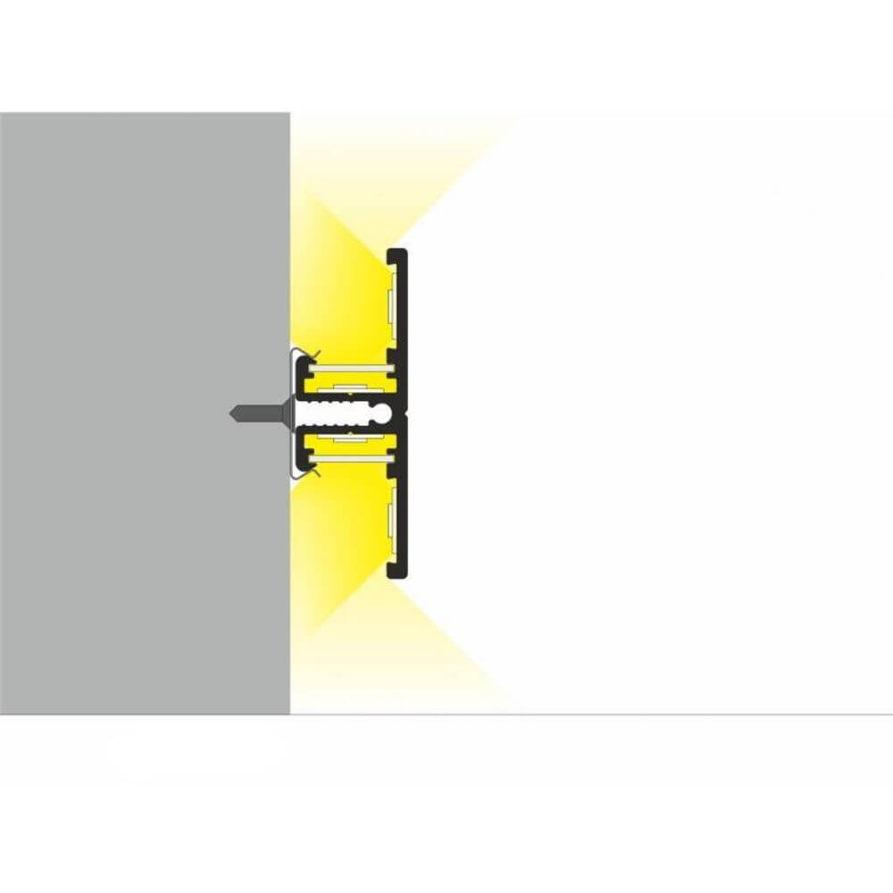 Aufbau-Wandprofil T-Form 200cm Weiß für LED-Strips installiert mit LED-Beleuchtungseffekt.