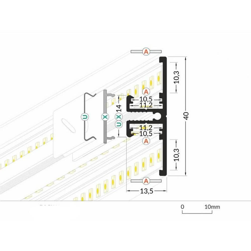 Aufbau-Wandprofil T-Form 200cm Schwarz für LED-Strips - technische Zeichnung mit Abmessungen