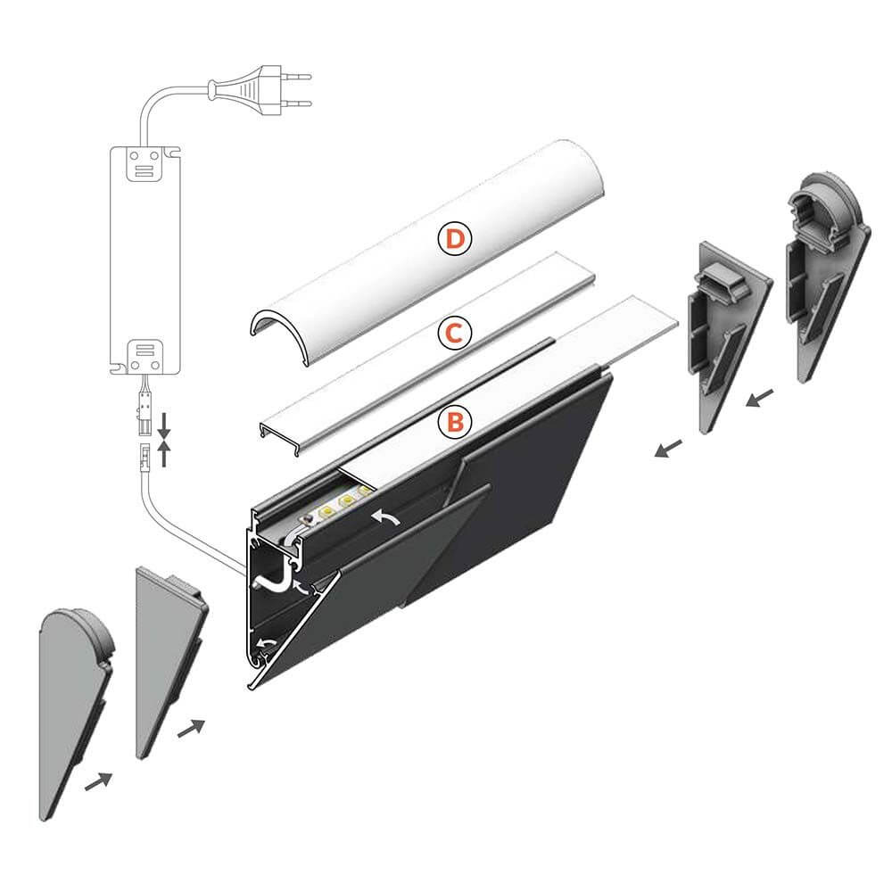 Aufbau-Wandprofil schräg 200cm Alu-roh ohne Abdeckung für LED-Strips - Explosionszeichnung der Komponenten.