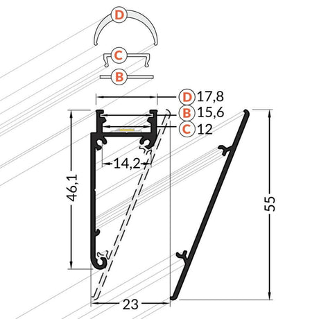 Aufbau-Wandprofil schräg 200cm Alu-eloxiert ohne Abdeckung - technische Zeichnung mit Maßen und Details.