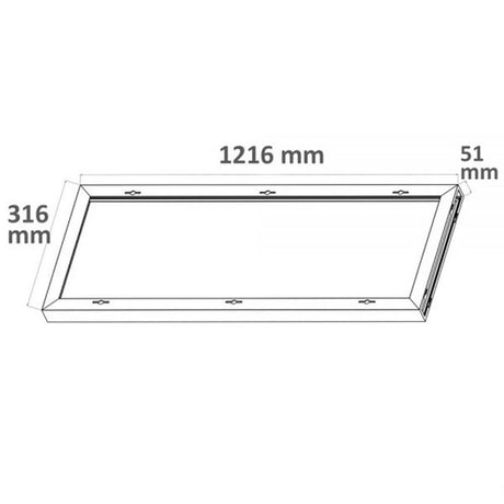 Aufbaurahmen Weiß für LED Panel 1200, Maßzeichnung mit Abmessungen 1216 mm x 316 mm x 51 mm.