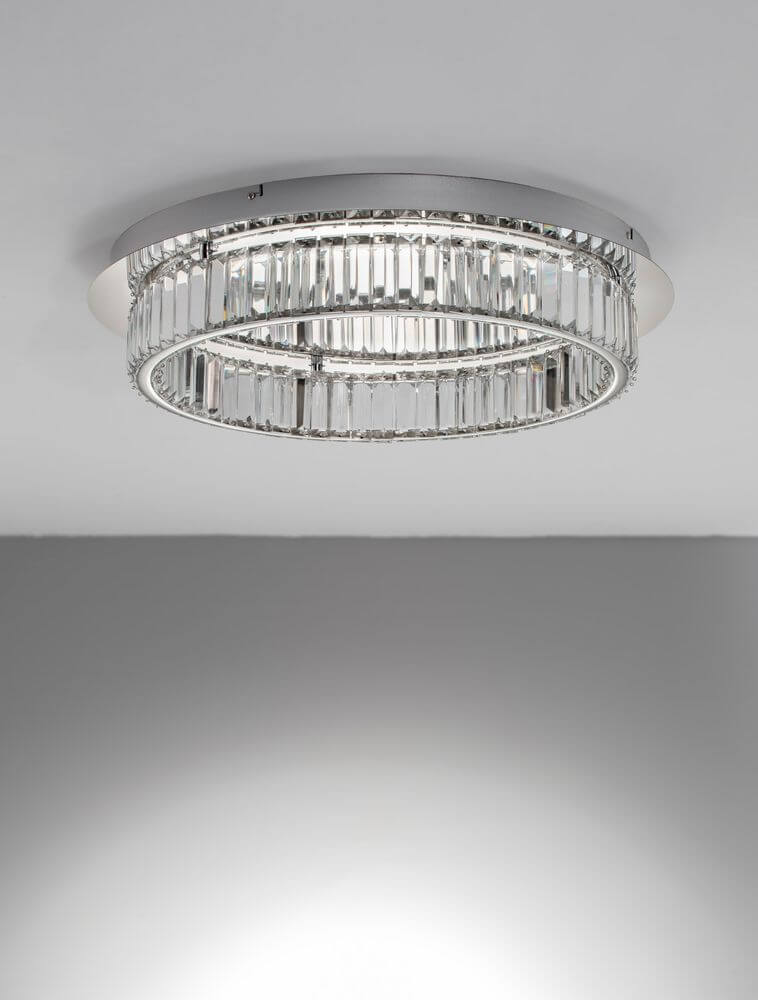 Aurelia LED Deckenleuchte 3500K Chrom mit glasklaren K5 Kristallen und verchromtem Metall.