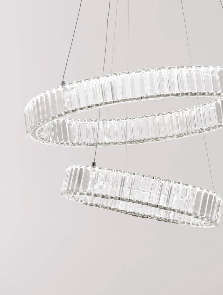 Aurelia LED Pendelleuchte Ø 60cm 2-flammig mit K5 Kristallen und Chromring, modernes Design.